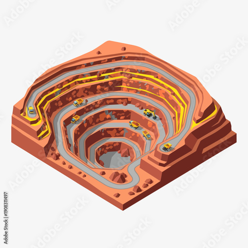 3D Model of an Open-Pit Mine with Terraced Levels.