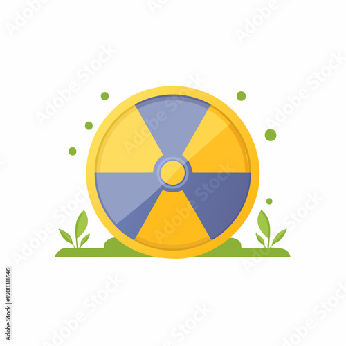 Round radioactive waste icon surrounded by green foliage, with warning sign in a clean, simplistic, conceptual vector design.
