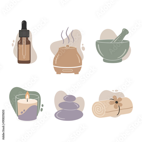 Spa wellness icons aromatherapy candle massage stones diffuser and essential oil bottle