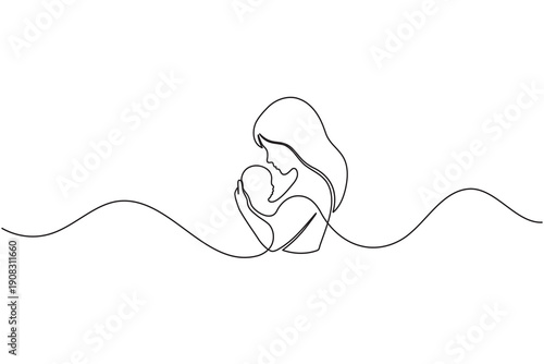Mother holding baby continuous one line drawing motherhood icon