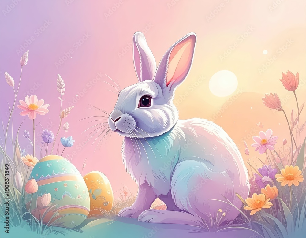 Obraz premium Adorable Bunny Surrounded by Colorful Flowers and Easter Eggs