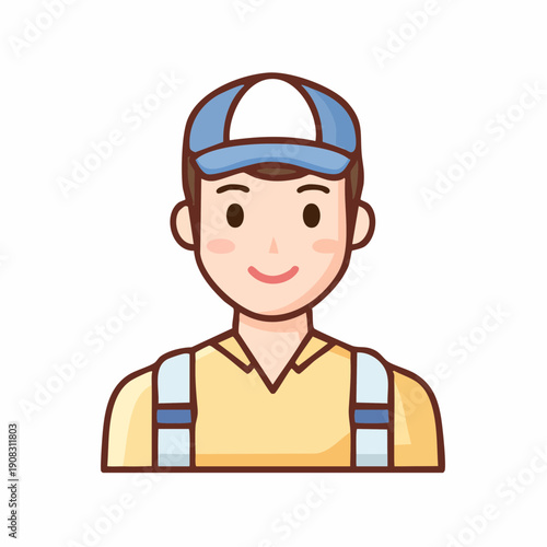 Smiling Worker Avatar with Cap and Overalls Represents Trade Profession in Vector Graphic