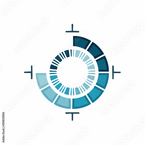 Abstract circular diagram with segmented arcs forming a modern icon representing data visualization, analytics, progress, or technological innovation.