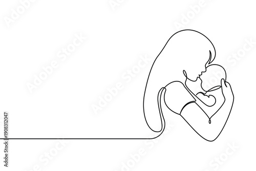 Mother holding baby continuous one line drawing motherhood icon