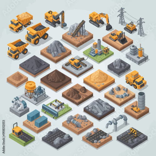 Construction Site Equipment and Materials Isometric Icons.