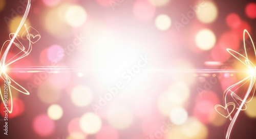 Glowing abstract swirls and luminous hearts frame a bright center in a soft bokeh background.