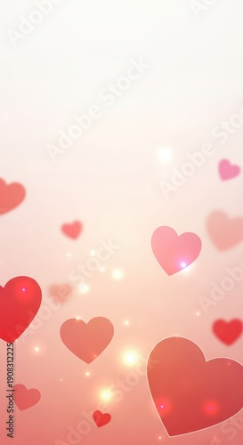 Numerous floating heart shapes drift across a soft, glowing romantic background