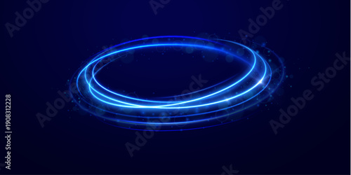 Sky blue neon circle with soft shine and mist glow. Abstract motion symbol with energy lines. Luminous round frame.