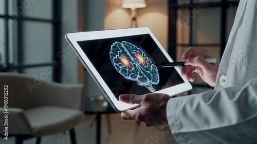 A doctor is holding a tablet with a brain scan on it. A person's brain with a red spot on it. The doctor is likely analyzing the scan to diagnose a patient's condition