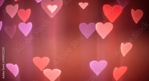 Numerous heart shapes appear as soft bokeh lights against a warm, diffused background