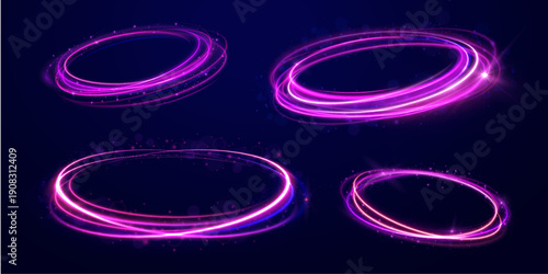Violet luminous circle with bright glow and gradient edge. Futuristic abstract halo of motion and speed. Neon round frame design.