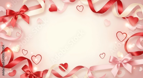 Decorative border featuring flowing satin ribbons and scattered heart shapes surrounding a soft, bright central area.