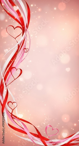 Flowing ribbons in shades of red and pink frame a soft, glowing background celebrating affection.