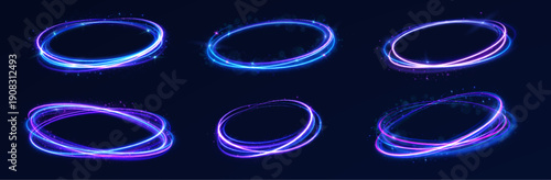 Neon blue ring spins with soft glowing trails. Abstract circular motion adds depth and energy. Futuristic visual for digital banners and sci-fi compositions.