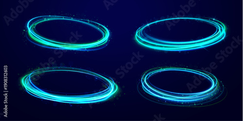Blue glowing neon circle built from light waves. Abstract energy swirl with modern sci-fi style. Dynamic element for technology branding and futuristic backgrounds