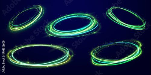 Green neon ring with soft glowing halo and radial light flare. Abstract circular motion lines create a sense of speed and energy. Perfect for futuristic UI, sci-fi posters, and digital space themes.