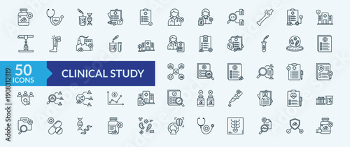 Clinical Study - Icon Collection. Thin Outline Set contains such Icons as medical record, pharmaceutical industry, stethoscope and more. Simple web icons set