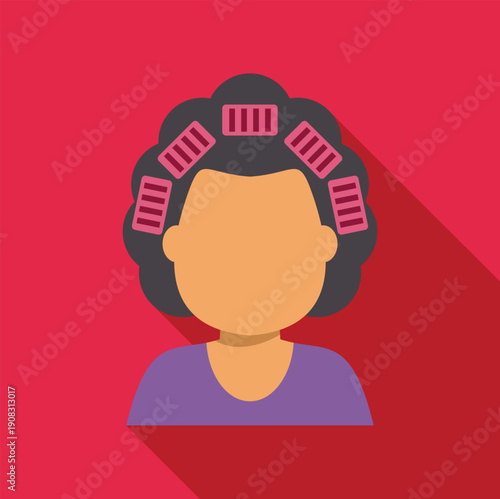 Woman's head with curlers on dark hair in a flat design illustration