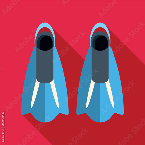 Pair of blue swimming flippers with long shadow on a red background