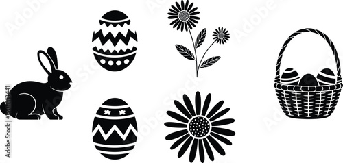 Easter holiday silhouette icon set, bunny rabbit, decorated eggs, spring flowers and basket, black vector illustration collection isolated on white background