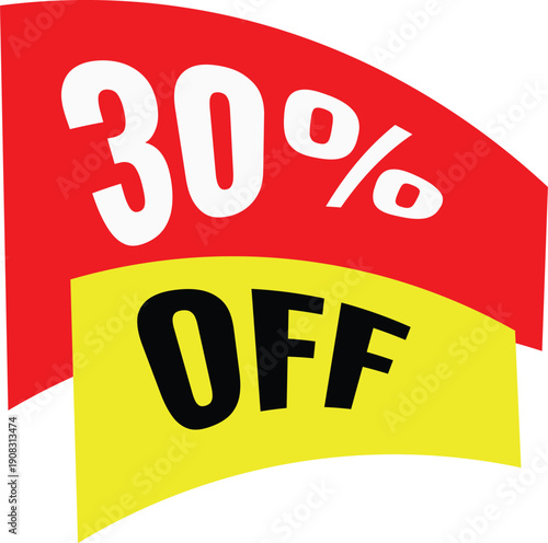 30 Percent Off Vector Banner ? Bold Red and Yellow Discount Label with Large Typography for Retail Promotion and Advertising Design