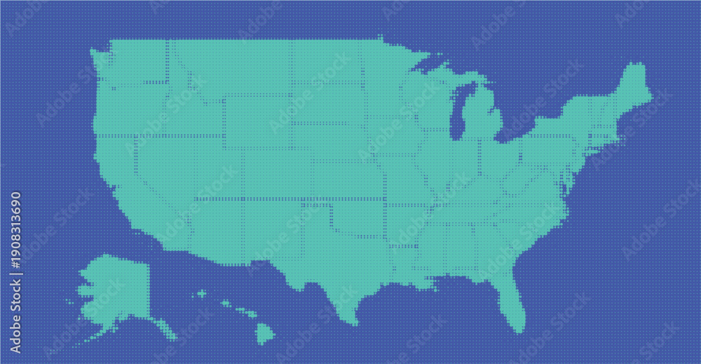 Fototapeta premium Adobe IlBlue Halftone Dotted Map of the United States with State Borders, Abstract USA Geography Background, American Dot Pattern Map for Data Visualization and Infographic Vector Illustration