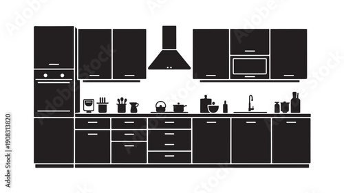 Modern kitchen interior with sleek black cabinets and appliances in minimalist design for home decor and renovation inspiration