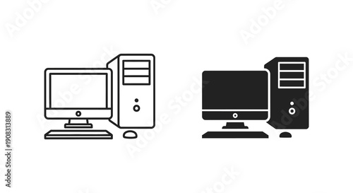 A simple black and white illustration depicts two computer setups each with a monitor and a tower