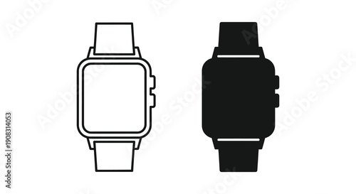 A minimalistic depiction of two smartwatches one outlined in white and one fully black side by side