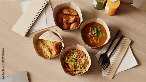 Wallpaper Mural Overhead view of a desk with various takeaway food containers, a notebook, and a laptop, suggesting a convenient meal option for work. Torontodigital.ca
