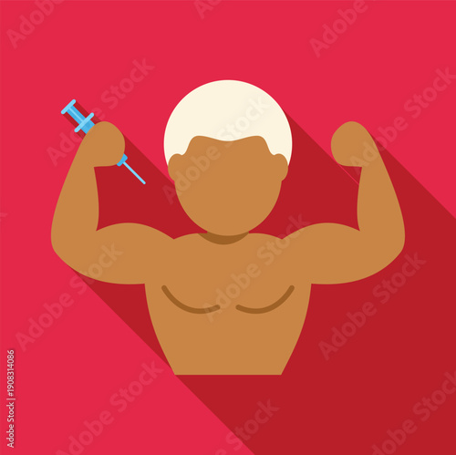 Muscular man flexing biceps while holding a syringe, representing doping in sports with long shadow