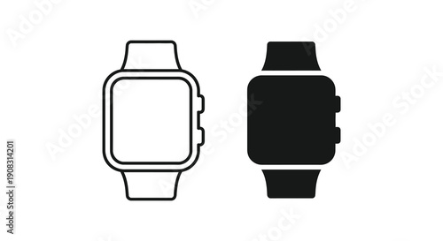 A simple black and white illustration depicts two views of a modern smartwatch showcasing its design high quality