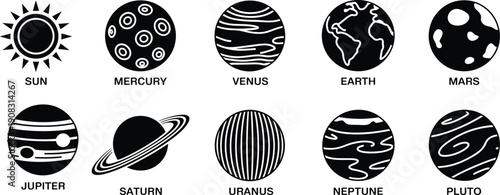 Solar system planet silhouette icons set, Sun Mercury Venus Earth Mars Jupiter Saturn Uranus Neptune Pluto symbols, black vector illustration isolated on white