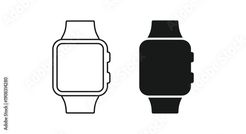 A simple black and white illustration depicting two views of a modern smartwatch device high quality professional detailed