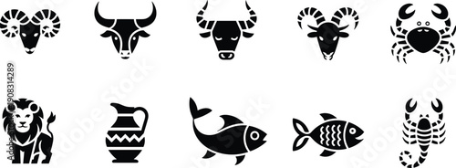 Zodiac astrology animal silhouettes set, Aries Taurus Capricorn Cancer Leo Scorpio Pisces Aquarius symbols, black vector icon collection isolated on white