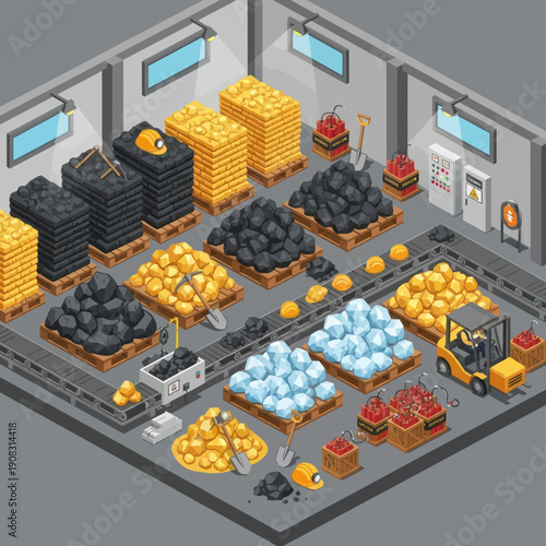 3D Isometric Warehouse Storage Facility with Coal and Crates.