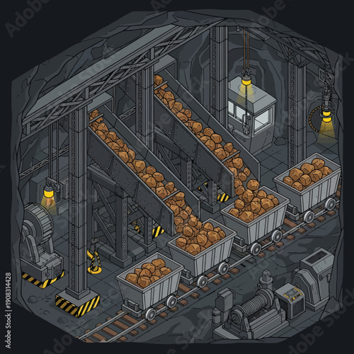 Industrial facility with conveyor belt and orange objects.