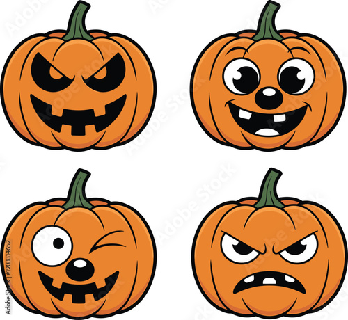 Halloween pumpkin face set, funny jack o lantern cartoon expressions collection, cute scary angry and wink pumpkins, orange vector illustration isolated on white