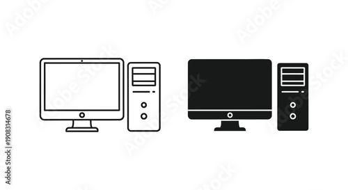 A simple illustration depicts two computer setups one white and one black each with a monitor and tower
