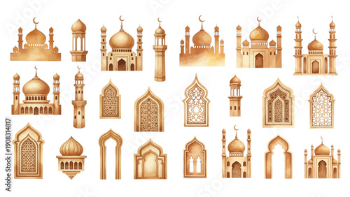Golden watercolor Islamic architecture elements, including mosques, minarets, domes, and ornate arched windows, on a transparent background.