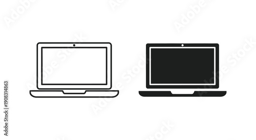 A simple black and white illustration depicts two laptop computers one with a white screen and one dark