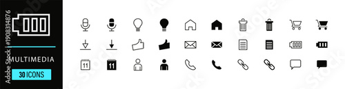 Modern multimedia icon set for digital content creation, social media, and online communication platforms.