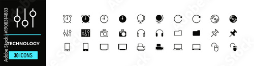 Technology icons vector pack for software development, hardware, and digital innovation, including gadgets and tools.