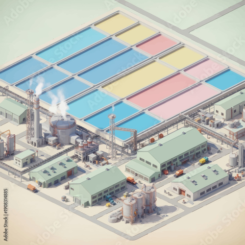 Industrial facility with solar panels and infrastructure.