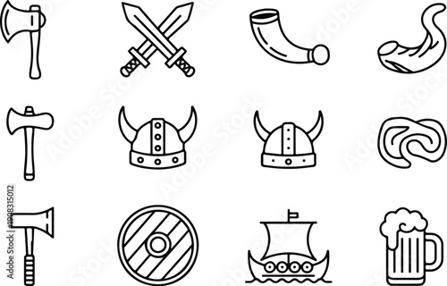 Viking outline icon set vector. collection of linear pictograms of medieval scandinavian war weapons and drinking horn.