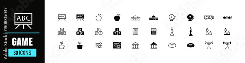 Game icons set for board games, education, and leisure activities, featuring chess, sports, and learning symbols.