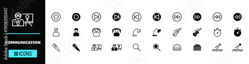 Communication icons bundle for networking, social interaction, and broadcasting, with symbols for people, devices, and content.