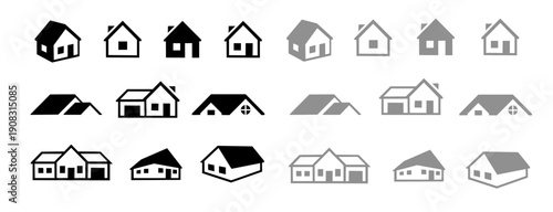 House icons set vector illustration. House and real estate icons featuring various architectural styles, rooflines, and residential building symbols in flat design