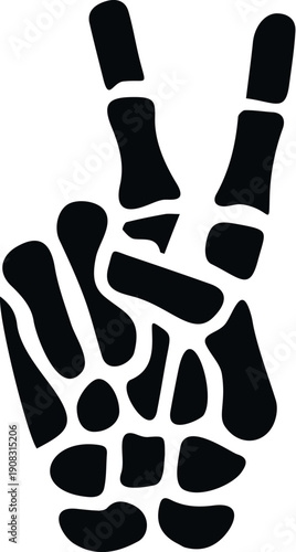 Black outline of a bony hand forming a v sign on white background
