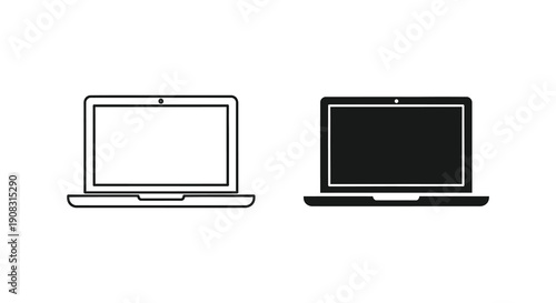 A simple illustration depicts two identical laptop computers one with a white screen and one black high quality